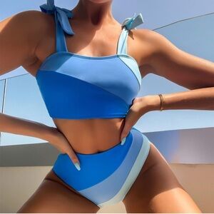 Blue Color Block Two Piece High Waist Bikini Swimsuit Size Medium